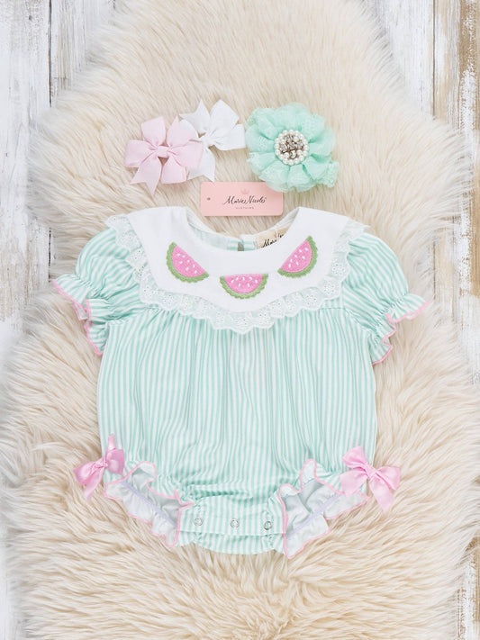 Melon Meadow Embroidered Ruffle Bubble Romper