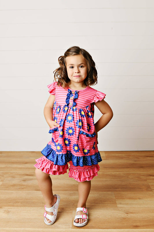 Hot Pink Daisy Pocket Ruffles Short Set