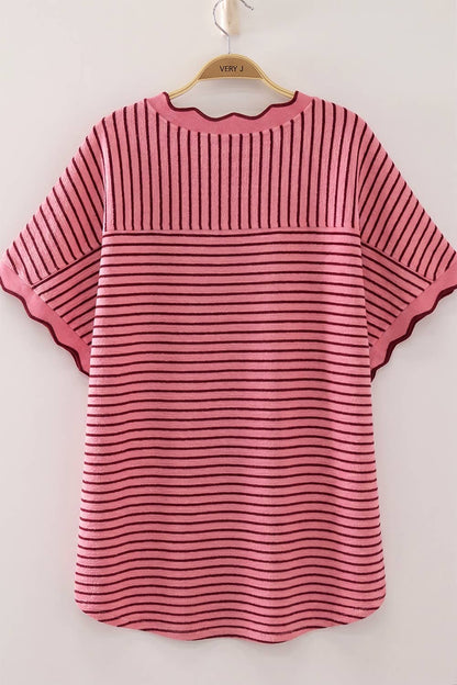 Scallop Trim Stripe Knit Top