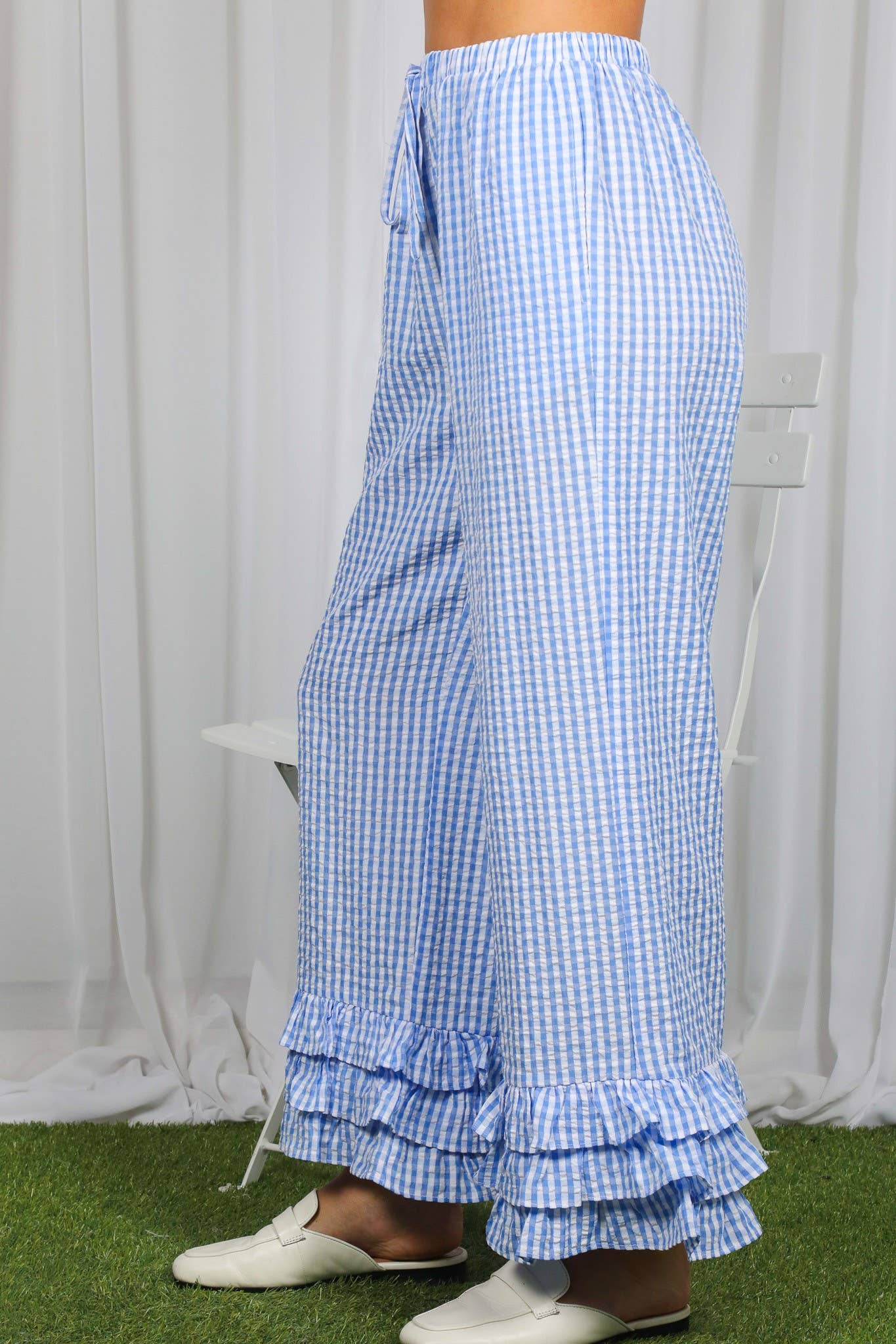Gingham Layered Ruffle Hem Cropped Pants