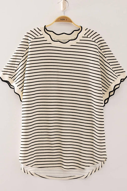 Scallop Trim Stripe Knit Top