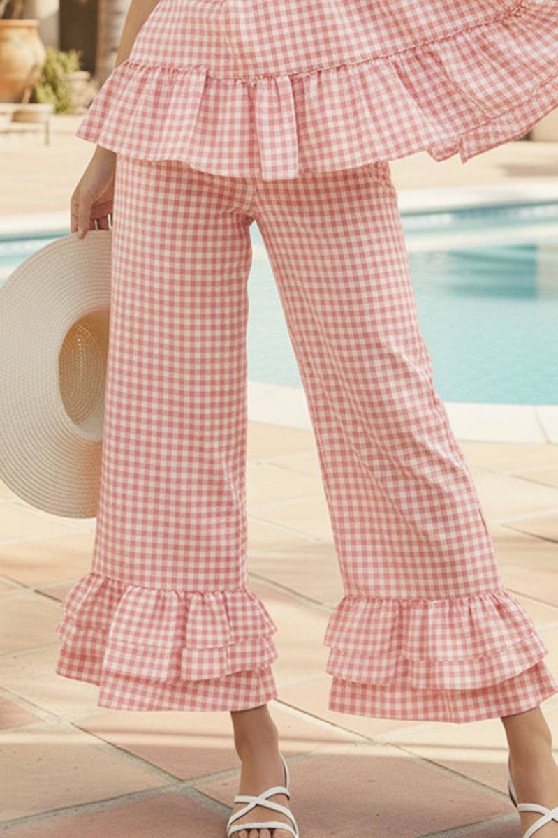 Gingham Layered Ruffle Hem Cropped Pants