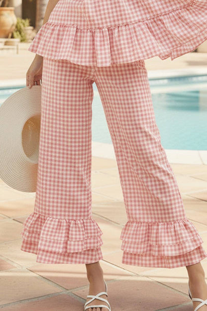 Gingham Layered Ruffle Hem Cropped Pants