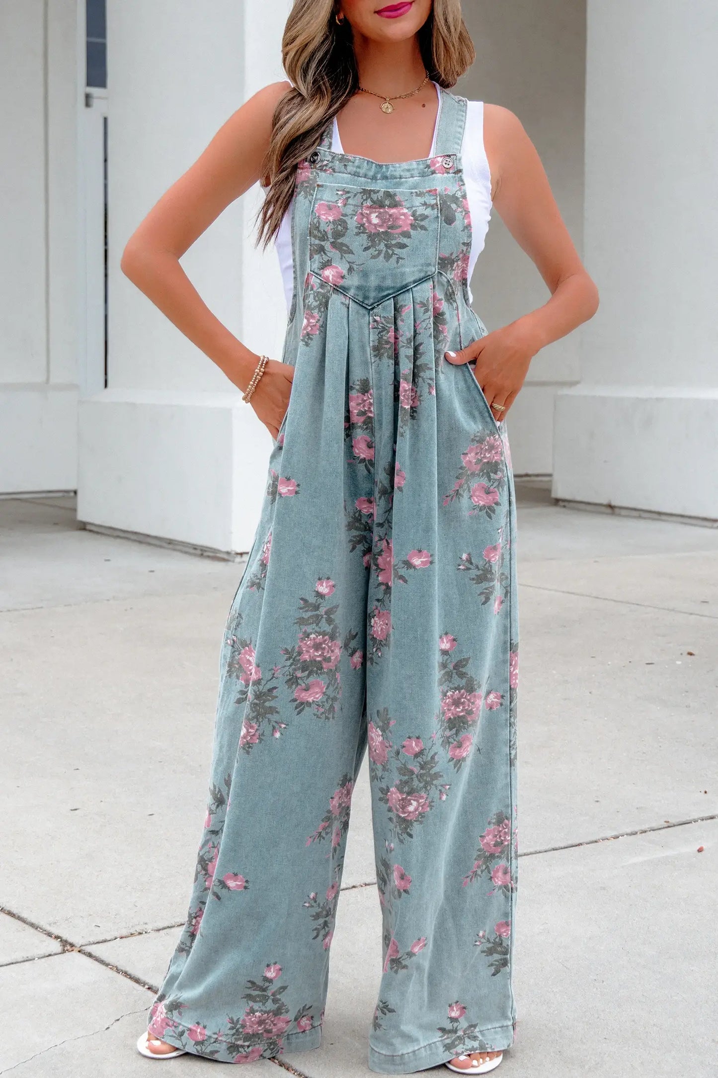 Beau Floral Print Pleated High Waist Wide Leg Denim Jumpsuit