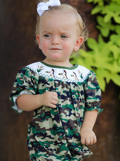 Camouflage Duck Smocking Embroidery Girls Romper