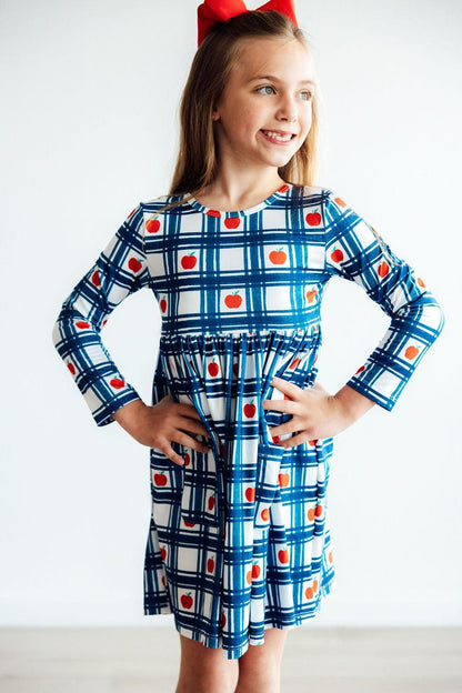 Plaid Apples L/S Pocket Twirl Dress