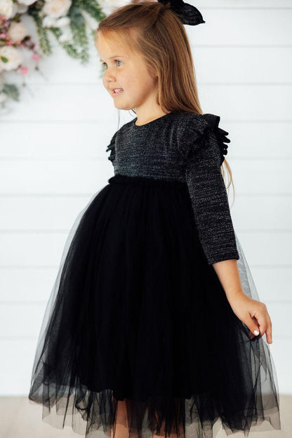 Black Shimmer 3/4 Sleeve Tutu Dress