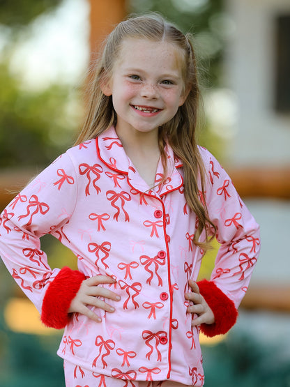 Bow Girls Pajama Set with Furry Trim