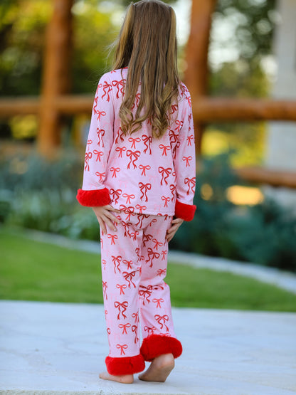 Bow Girls Pajama Set with Furry Trim