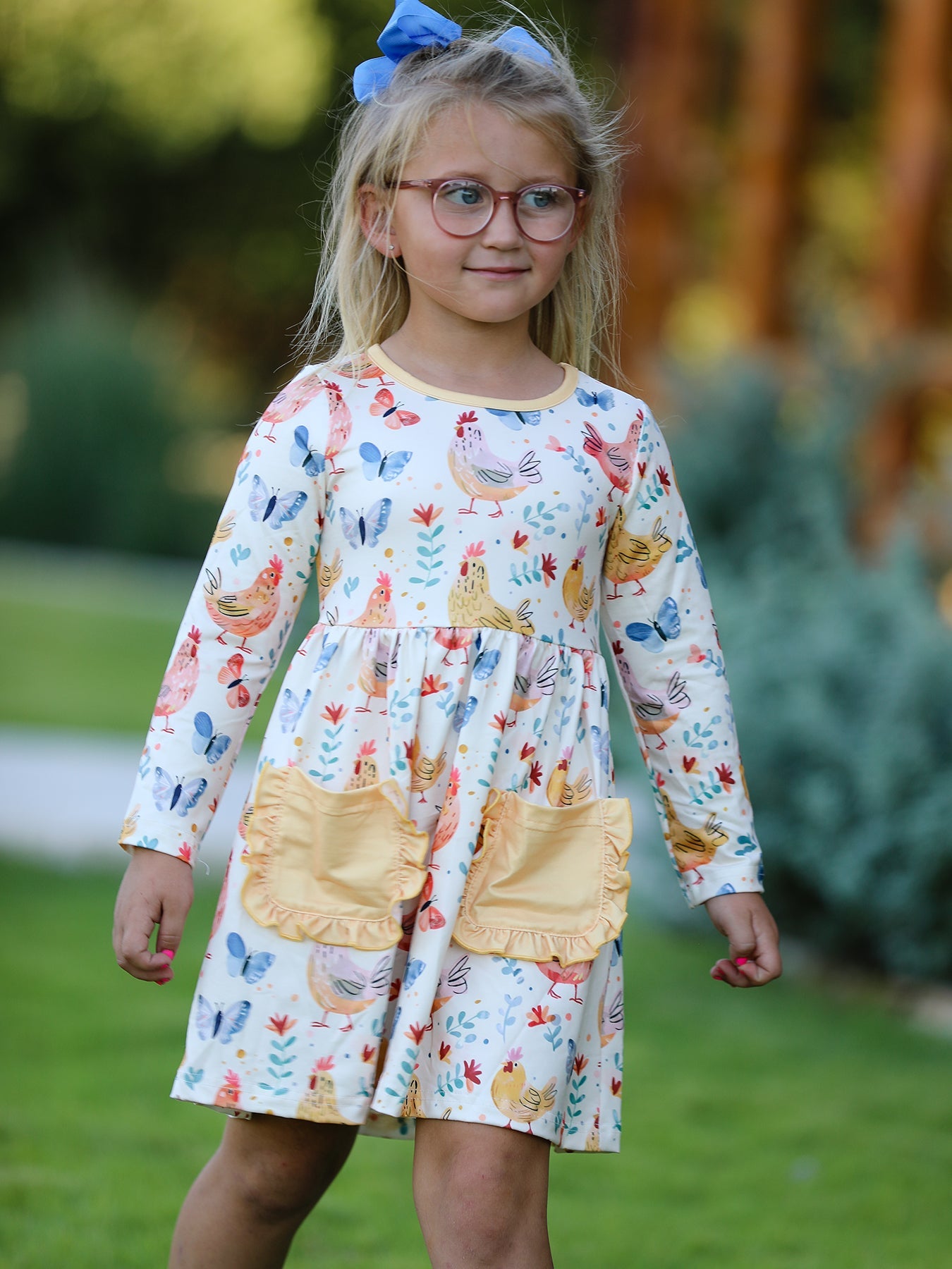 Charming Chicken & Butterfly Girls Dress with Cute Ruffled Pockets