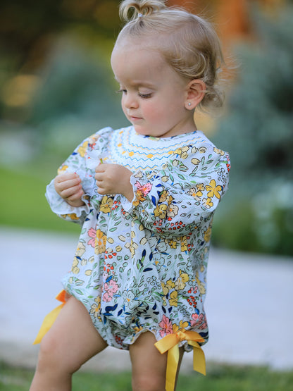 Fall  Embroidery Smocking Bow Floral Leaf Baby Girls Romper