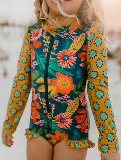Mia Mustard Tropical Zip Rash Guard Swimsuit